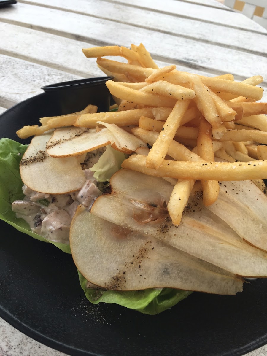 Another wonderful GF lunch!  Chicken salad on bib lettuce with GF fries