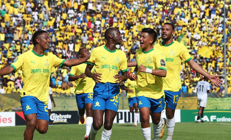 Peter Shalulile celebrates scoring from a penalty for Mamelodi Sundowns in their Caf Champions League group A win against TP Mazembe at Lucas Moripe Stadium in Atteridgeville on Saturday.