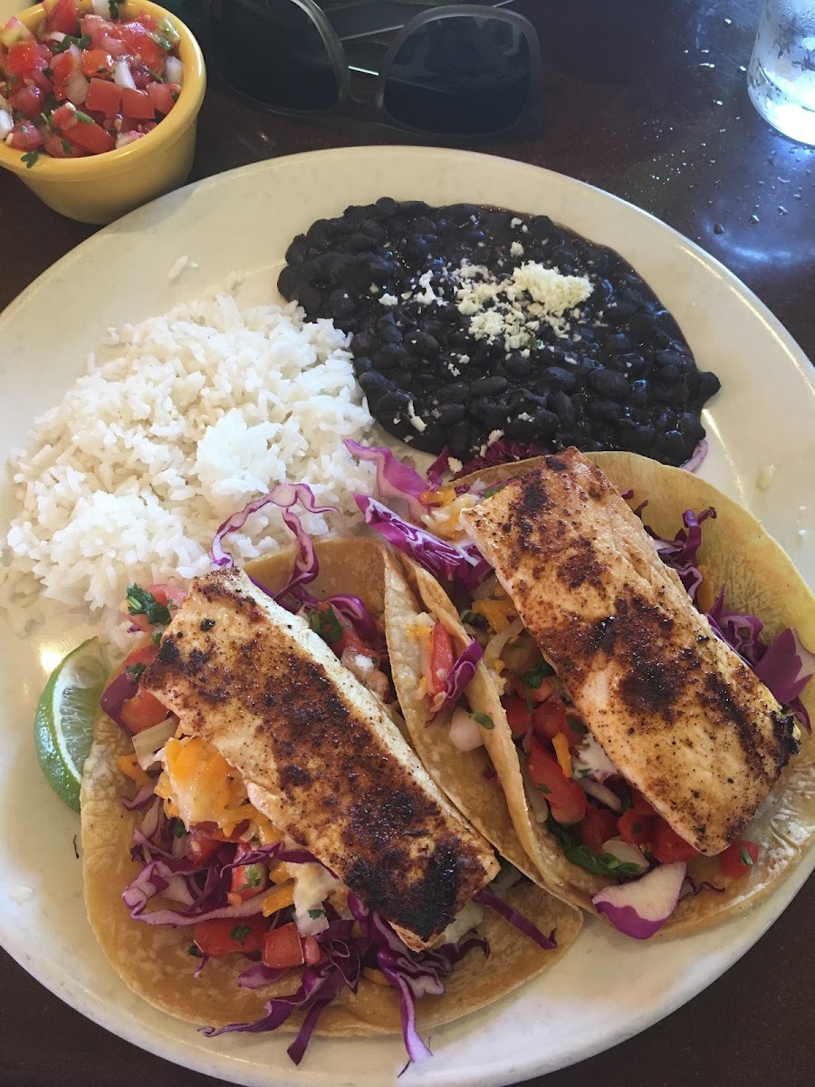 Swordfish tacos with black beans and white rice :)