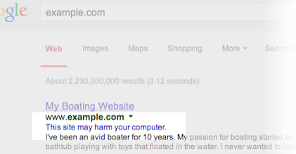 Example Google Search result labeled "This site may harm your computer."