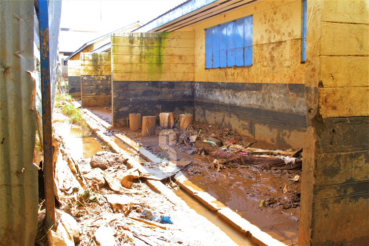 Muddy waters outside classrooms at Mathare North Primary School in Ruaraka Constituency following heavy rains that pounded Nairobi Thursday night, May 3, 2024.