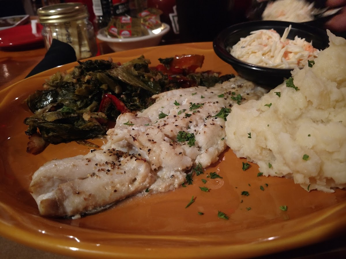 Broiled Haddock with Utica Greens, Mashed Potatoes & Coleslaw