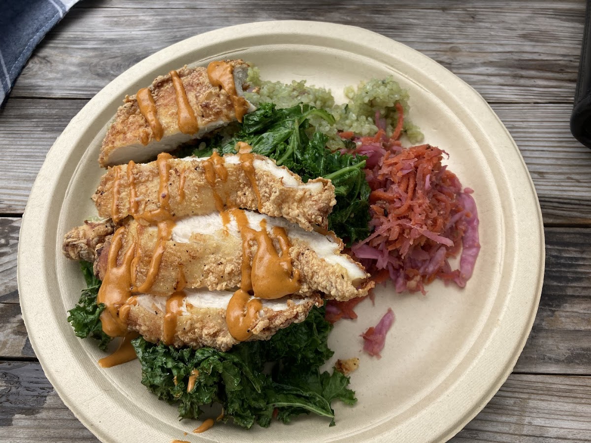 Thunderbowl - GF fried chicken, harissa aioli, kale, rice, fermented veggies