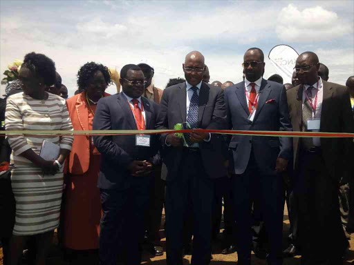 Bungoma county investment director Treeza Nakhungu, woman rep Reginalda Wanyonyi, Governor Kenneth Lusaka, Industrialisation CS Adan Mohamed, Kenya National Chamber of Commerce and Industry chairman Kiprono Kittony and Deputy Governor Hillary Chongwony on Wednesday /BRIAN OJAMAA