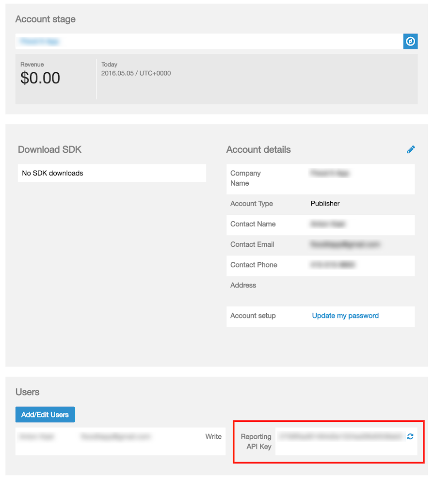 Example of the optimization credentials screen in Vungle, showing the Reporting API key.