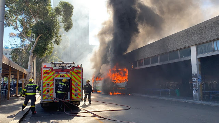 A Golden Arrow bus goes up in flames in central Cape Town on April 25 2019.