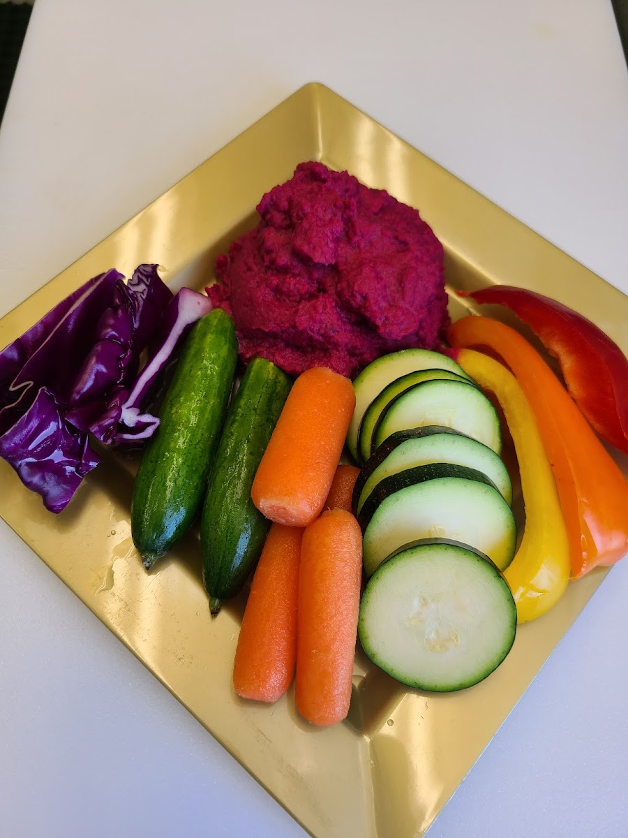 Beet hummus, all veggies GF