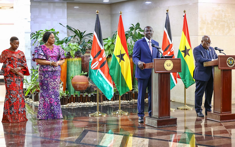 President William Ruto and his Ghanaian counterpart Akufo Addo during the occasion of signing of bilateral agreements in Accra, Ghana on April 3, 2024