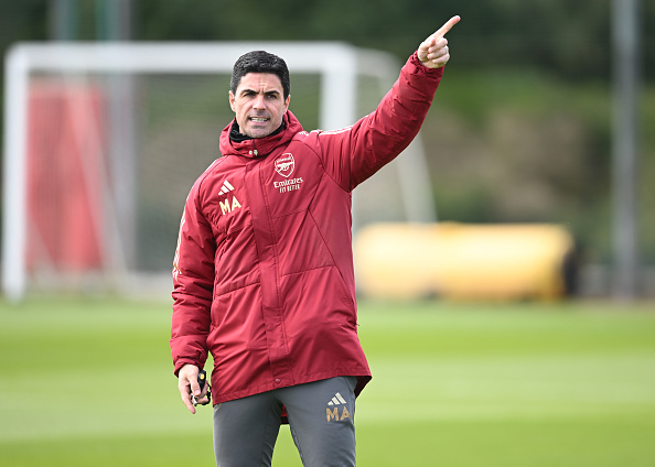 Arsenal manager Mikel Arteta during a training session at Sobha Realty Training Centre on 26 April 2024 in London Colney, England.