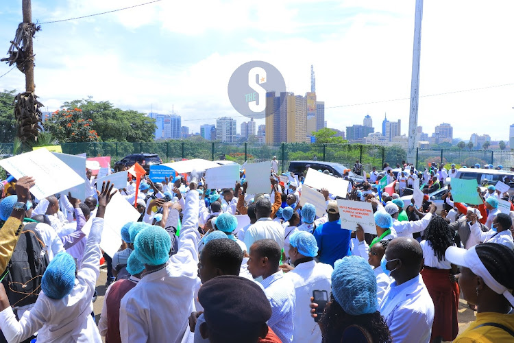 Healthcare workers hired by government under the Universal Healthcare program stage demonstrations wants the government to put them on permanent and pensionable terms on April 8, 2024.