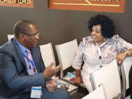 Environment CS Keriako Tobiko chats with Edna Molewa, Minister of Environment of the Republic of South Africa during the Conference of Parties to the Nairobi Convention. COURTESY