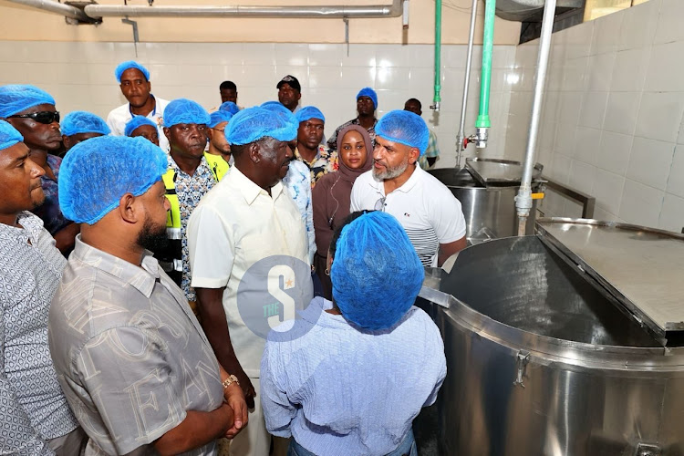 ODM leader Raila Odinga joins Mombasa Governor Abdulswamad Nassir at the the Pwani School for the Mentally Handicapped to assess the free school-feeding program for ECDE pupils, a partnership between the county and Food 4 Education organisation on February 13, 2024