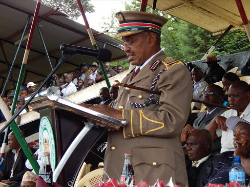 LAND BY SONU TANU, KERICHO JUNE 3RD.. CAPTION BY SONU TANU,KERICHO JUNE 3RD. Kericho couny commissioner Muktar Abdi addressing Madaraka day celebrations at Kericho Green Stadium on June 1st,2016. Picture by Sonu Tanu. END