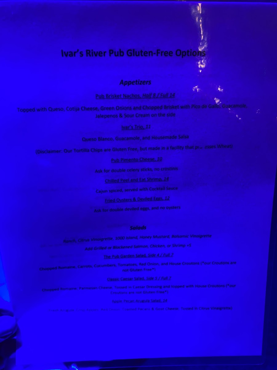 Ivar's River Pub gluten-free menu