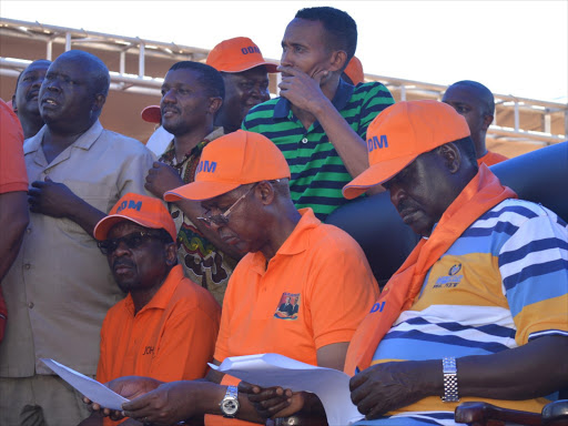 ODM leader Raila Odinga,Taita Taveta governor John Mruttu and Siaya senator James Orengo during the ODM rally at Tononoka grounds in Mombasa, Saturday, March 26, 2017. /JOHN CHESOLI