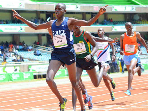 Elijah Manang'oi wins the 1500m finals race during the National Athletics championships at safaricom stadium,Kasarani, August 2015. Photo/ERICK BARASA