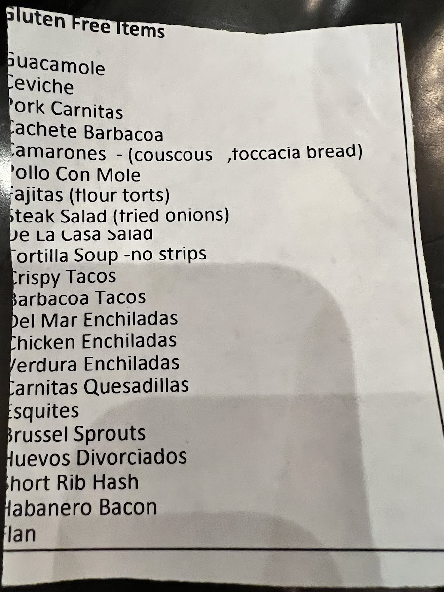 Gluten Free Menu