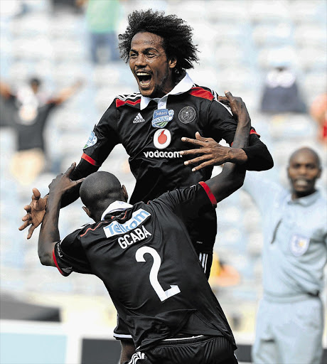 MAIDEN STRIKE: Issa Sarr of Orlando Pirates celebrates his goal during the Telkom Knockout match between Bucs and Polokwane City at Orlando Stadium yesterday