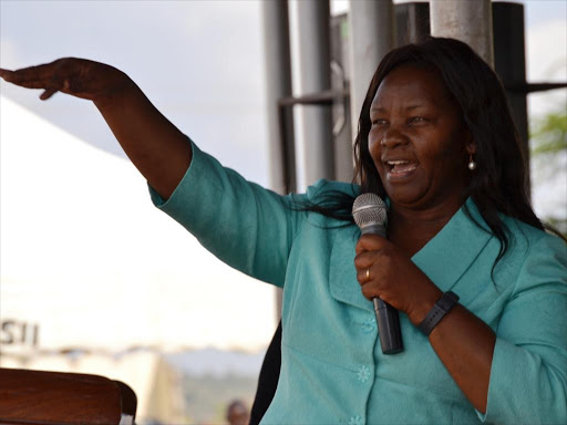 Edith Nyenze, the widow of former Kitui west MP Francis Nyenze, addressing a public rally at Kauwi primary school in April, 2017. /MUSEMBI NZENGU