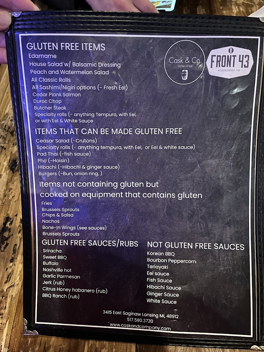 Cask & Company Kitchen & Bar gluten-free menu