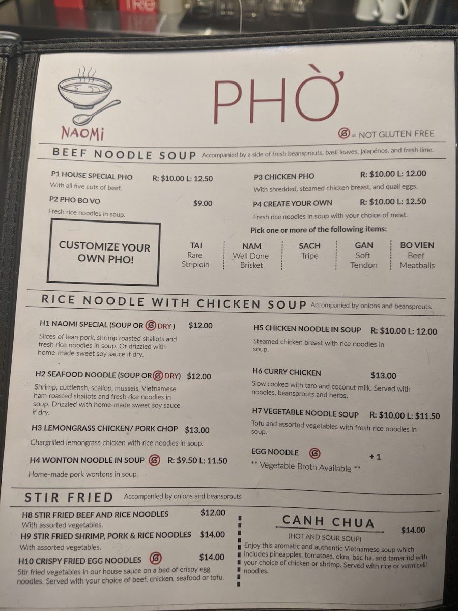 Naomi Vietnamese Restaurant gluten-free menu