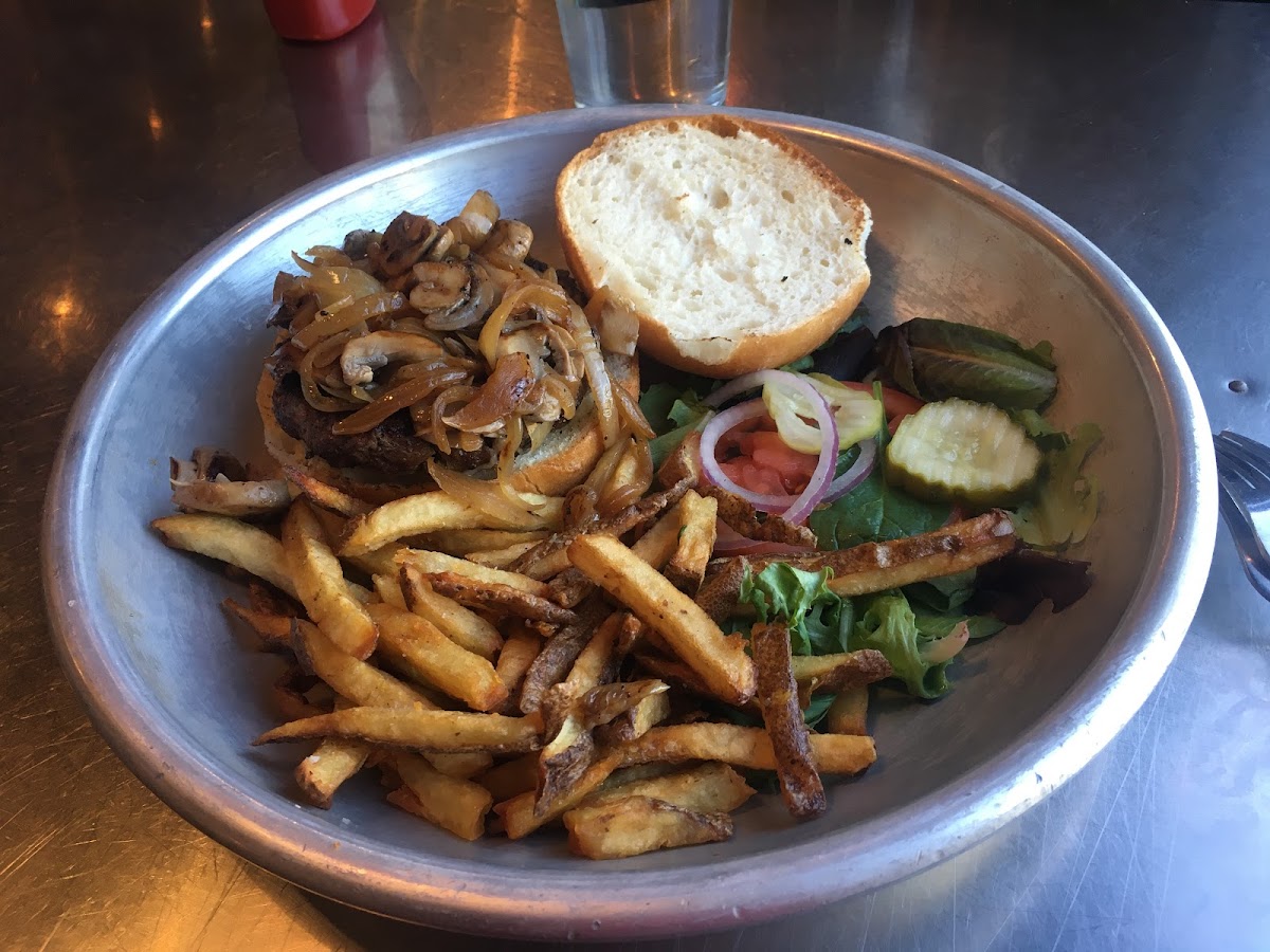 Brewhouse burger with onions and mushrooms