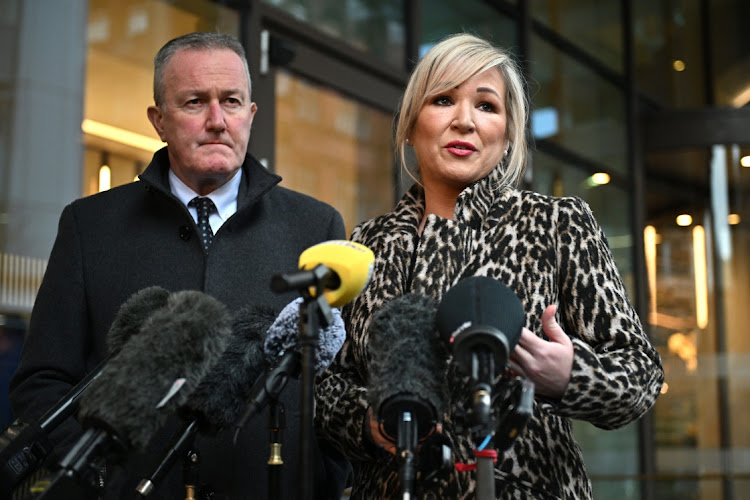 Sinn Fein's Conor Murphy and Michelle O'Neill address the media in Belfast, January 30 2024. Picture: CHARLES MCQUILLAN/GETTY IMAGES