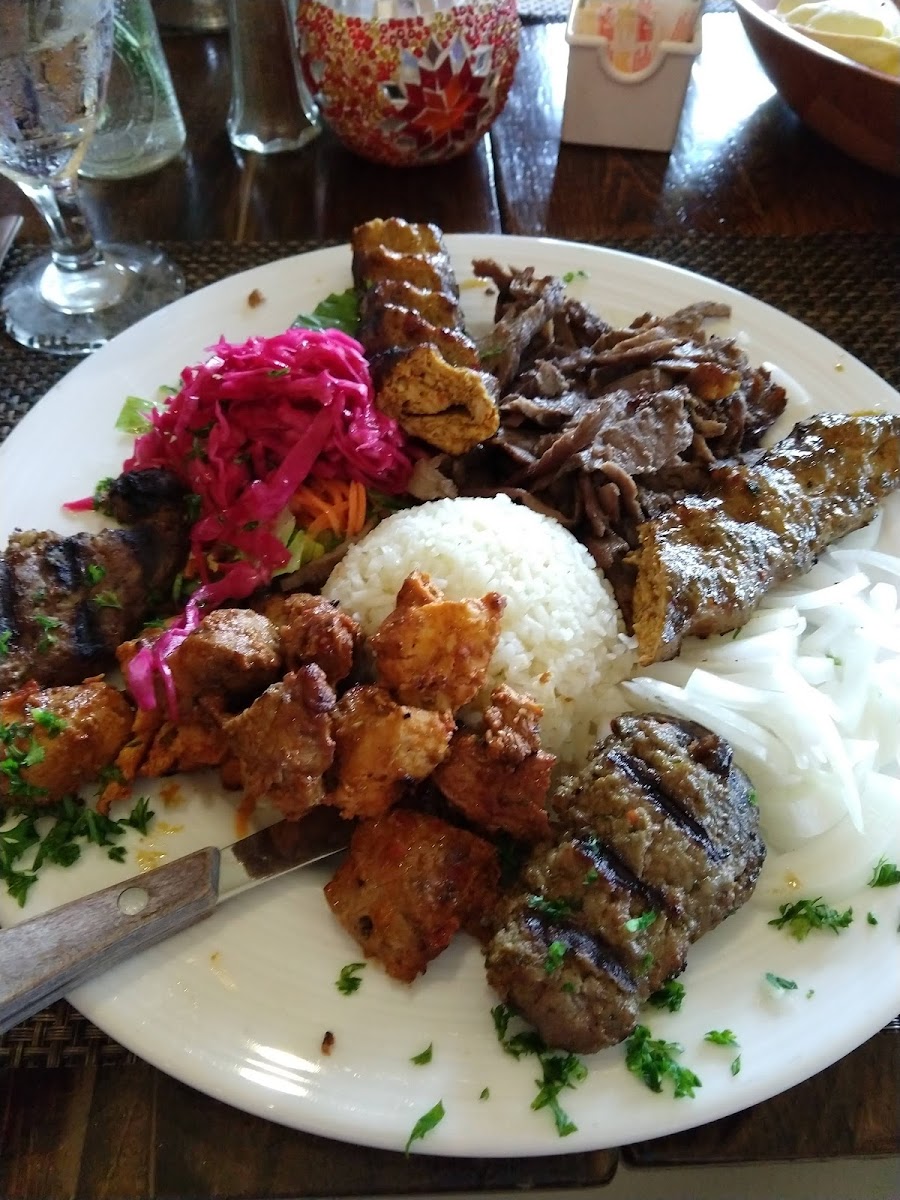 Tucker box Mixed Grill Kebab. Rice was yummy. Not all of their meet is gluten free (Lamb meatball) Loved the shaved Lamb.