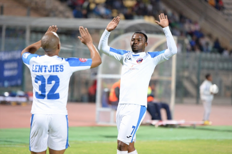 Kurt Lentjies of Chippa United celebrates. Scoring goal with Andile Mbenyane during the Absa Premiership match between SuperSport United and Chippa United at Lucas Moripe Stadium on August 29, 2018 in Pretoria, South Africa.