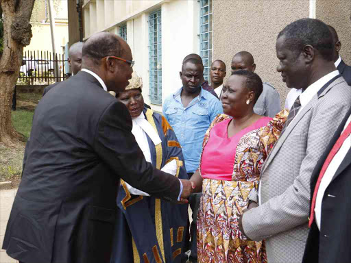 Kisumu Governor Jack Ranguma, speaker Ann Adul and Deputy Governor Ruth Odinga just before the opening of the assembly’s fifth session on Wednesday / FAITH MATETE