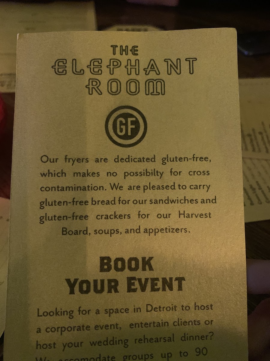The Elephant Room gluten-free menu