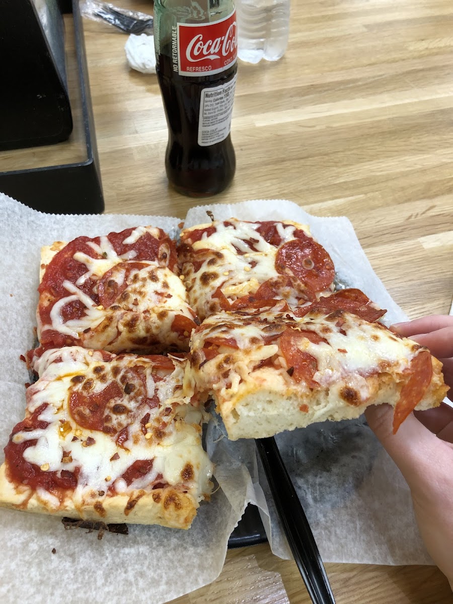 Death by Pepperoni on the gluten free crust. It’s comes in an 8x8 square. It’s very filling, so may be more like 2 servings in one pizza.