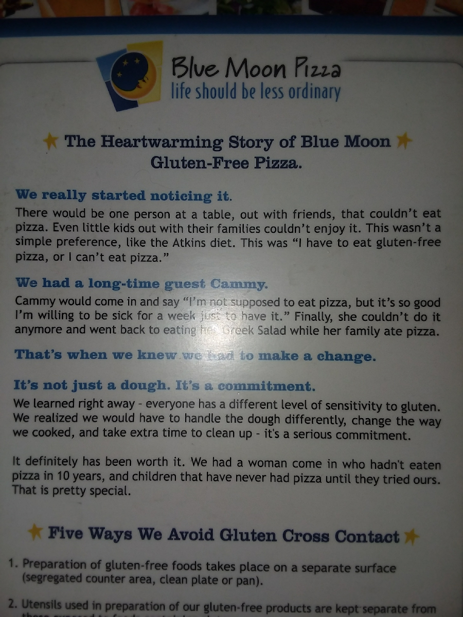 Blue Moon Pizza gluten-free menu