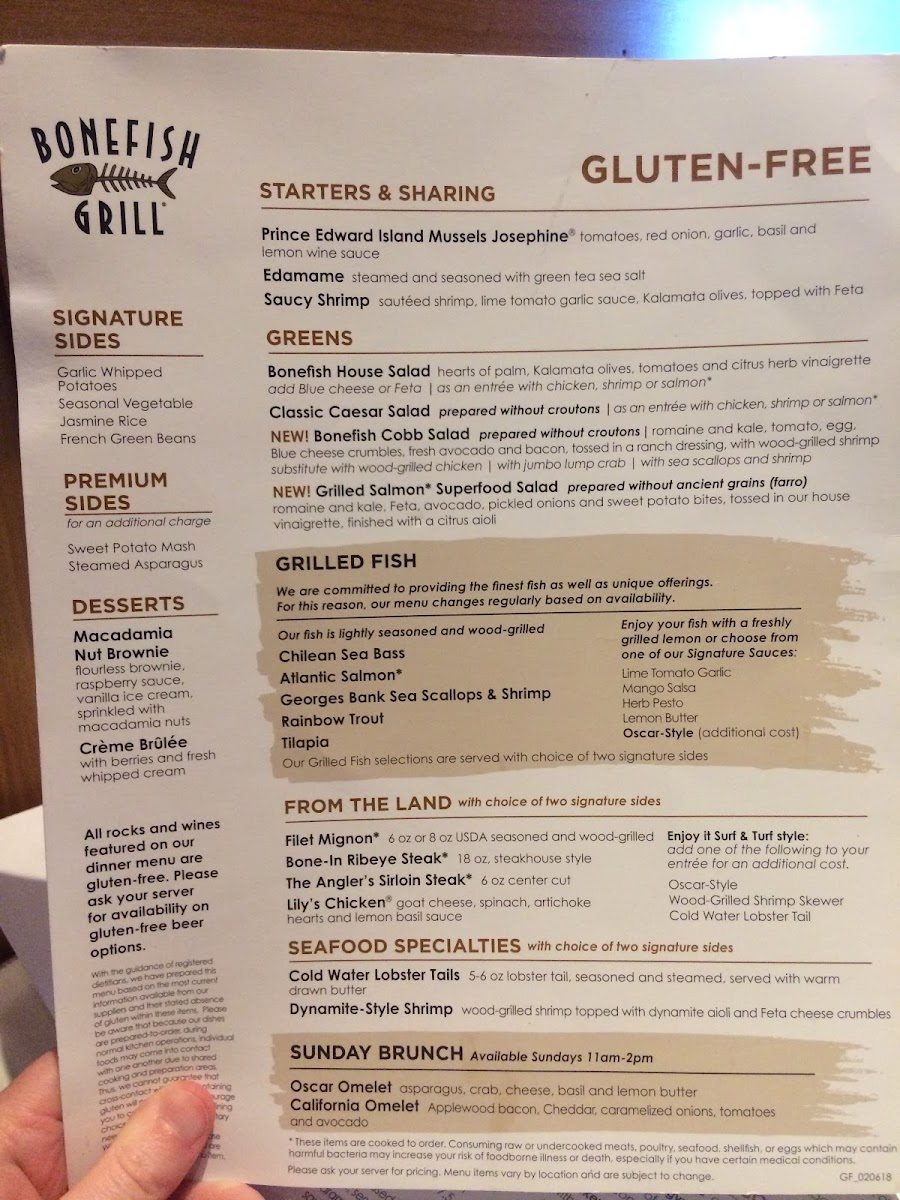 Gluten free menu I was given at the restaurant