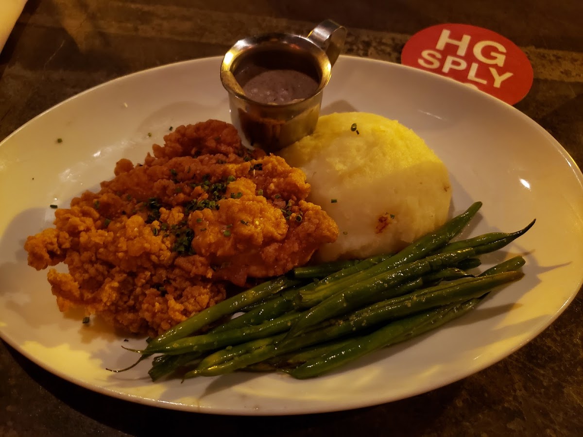 Chicken fried chicken with cauliflower mash and green beans