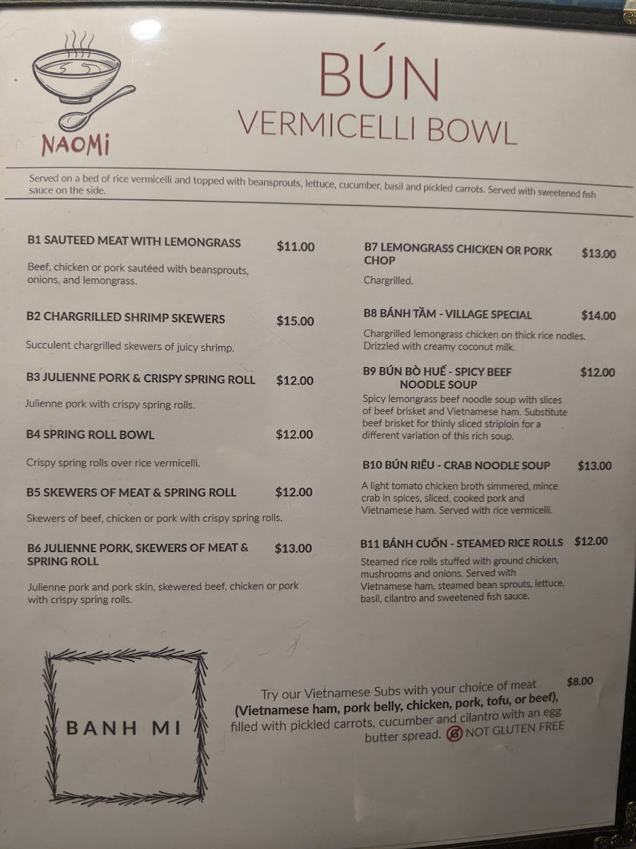 Naomi Vietnamese Restaurant gluten-free menu