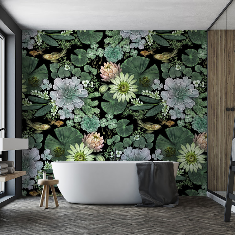 Green Pond wallpaper at Robin Sprong creates a calm and dreamy look and feel in this modern bathroom.