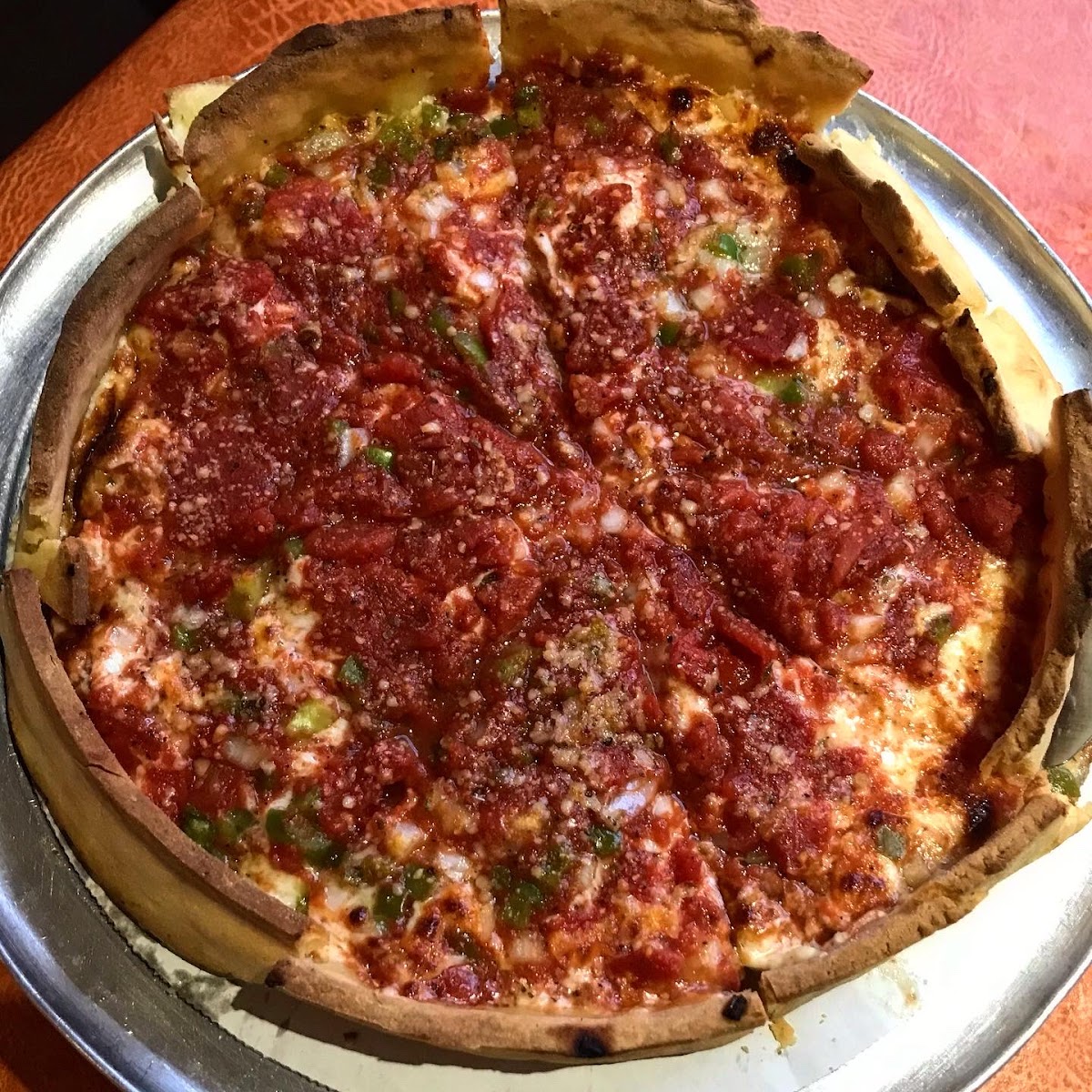 Sausage, onion, and peppers deep dish