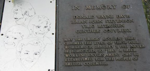 Memorial recognizing the four construction workers that died building the Bentall tower in 1981. Every January 7th, the BC Building Trades Council holds a ceremony to honour all construction...