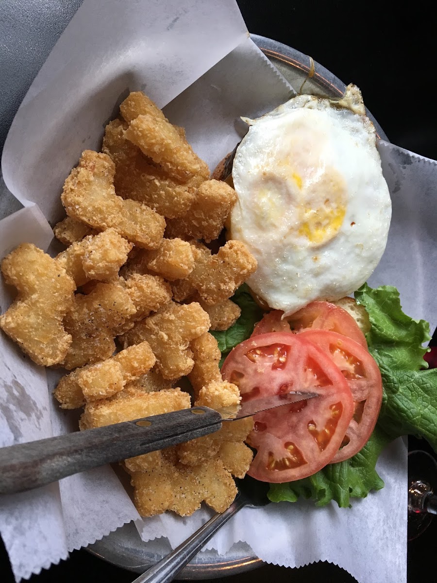 Build your own burger with a fried egg and Tetris tots!