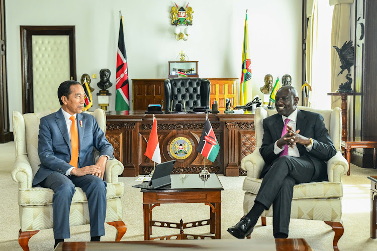 Indonesian President Joko Widodo and President William Ruto having talks at State House, Nairobi on August 21, 2023