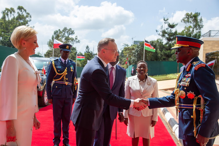 Polish President Andrzej Duda and his wife First Lady Agata Kornhauser-Duda welcomed by First Lady Rachel Ruto and Chief of Defence Forces General Francis Ogolla at State House, Nairobi, on February 5, 2024.