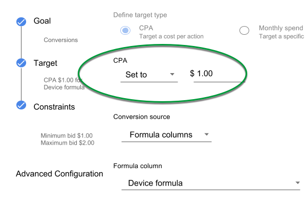 Bid strategy settings. Target section with CPA target set to 1.00 circled.
