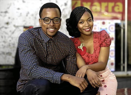 Maps Maponyane and Nomzamo Mbatha on the set of 'Tell Me Sweet Something', the upcoming romcom by Akin Omotoso and Robbie Thorpe.