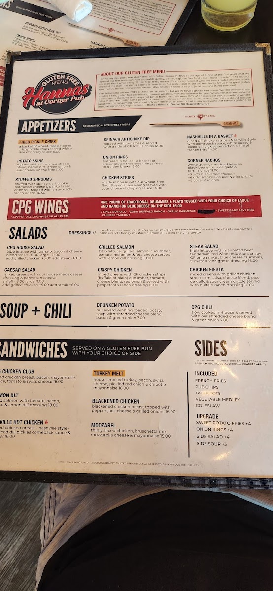 The Corner Pub & Grill gluten-free menu