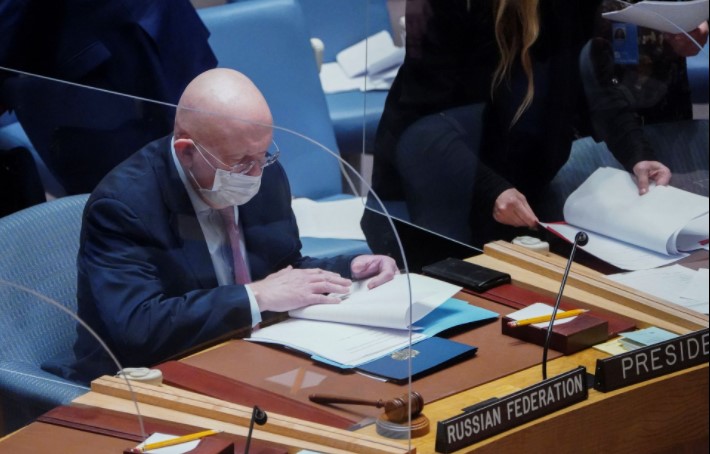 Russia's Ambassador to the United Nations Vassily Nebenzia attends a United Nations Security Council meeting, on a resolution regarding Russia's actions toward Ukraine, at the United Nations Headquarters in New York City, U.S., February 25, 2022