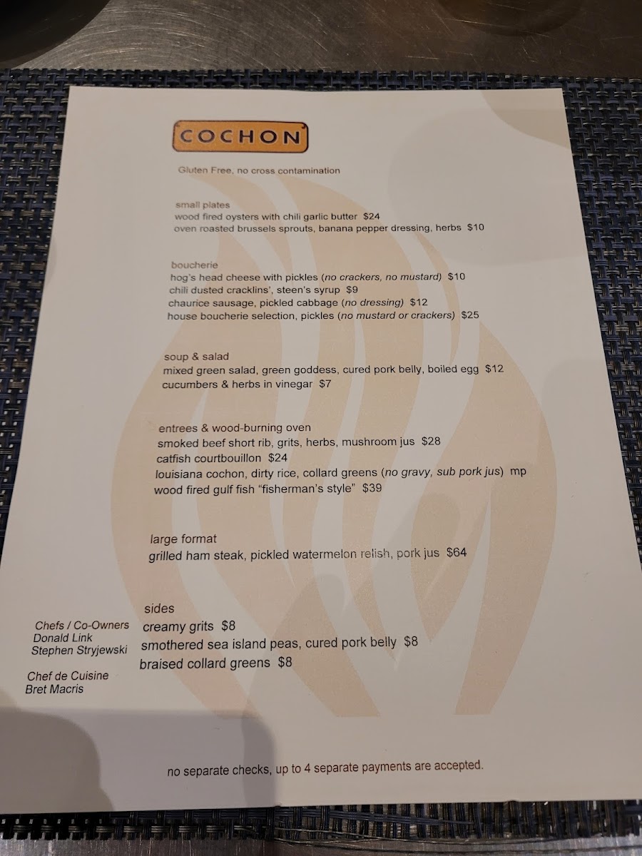 Cochon RESTAURANT gluten-free menu