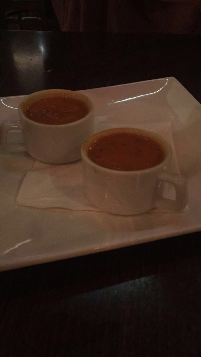 Waiter sent over samples of the gluten free tomato soup... So great! Biscottis that come with ARENT gf