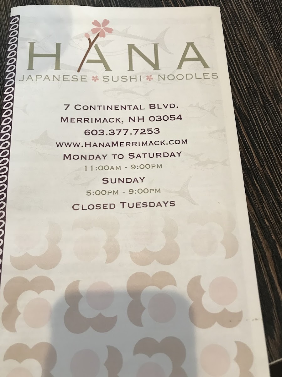 Hana Japanese Cuisine gluten-free menu