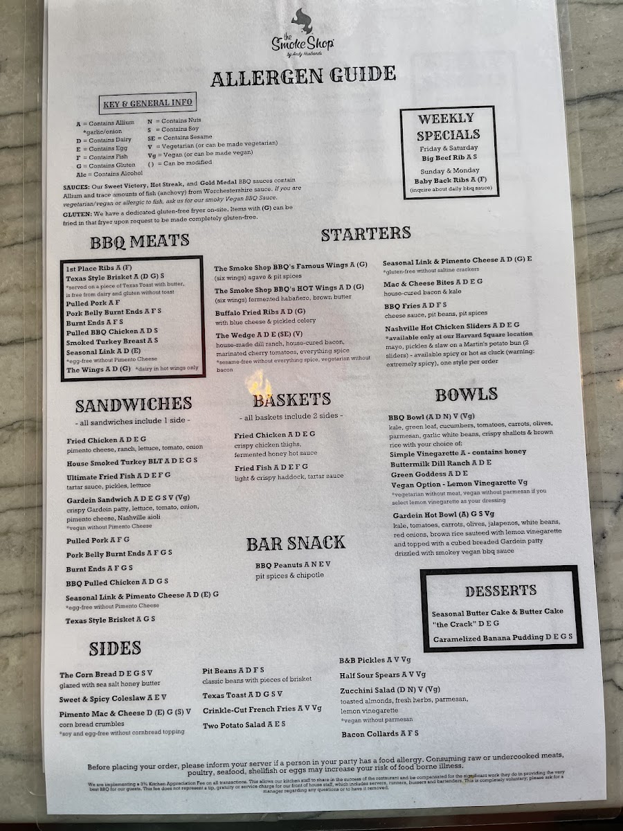 The Smoke Shop BBQ - Seaport gluten-free menu